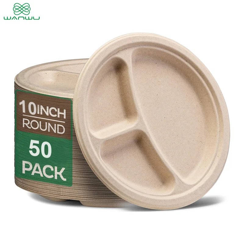 50 pcs Eco-Friendly 3 Compartment Disposable Lunch Tray with Separators-Heavy Duty Bagasse Sectional Plate