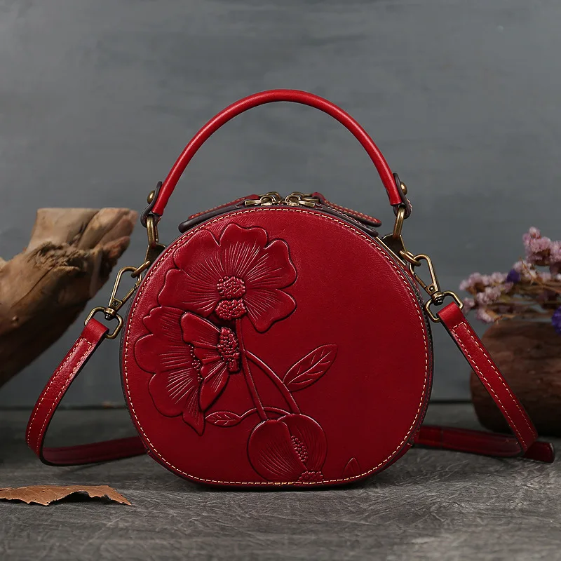 

New Genuine Leather Bag with Advanced Sense Women's Fashion Retro and Small Design Embossed Crossbody Cowhide Small Round Bag