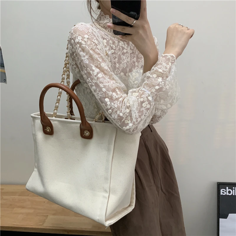

New Fashion Simple Personality 2022 Brand Summer Splicing Chain Canvas Shoulder Tote High Capacity Luxury Women‘S Designer Bag