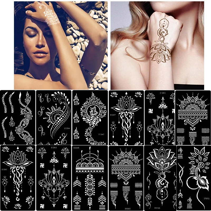 Henna Tattoo Stencils 1pc Temporary Tattoo Stickers Indian Henna Hollow Tattoo Templates Body Painting Inkjet Template