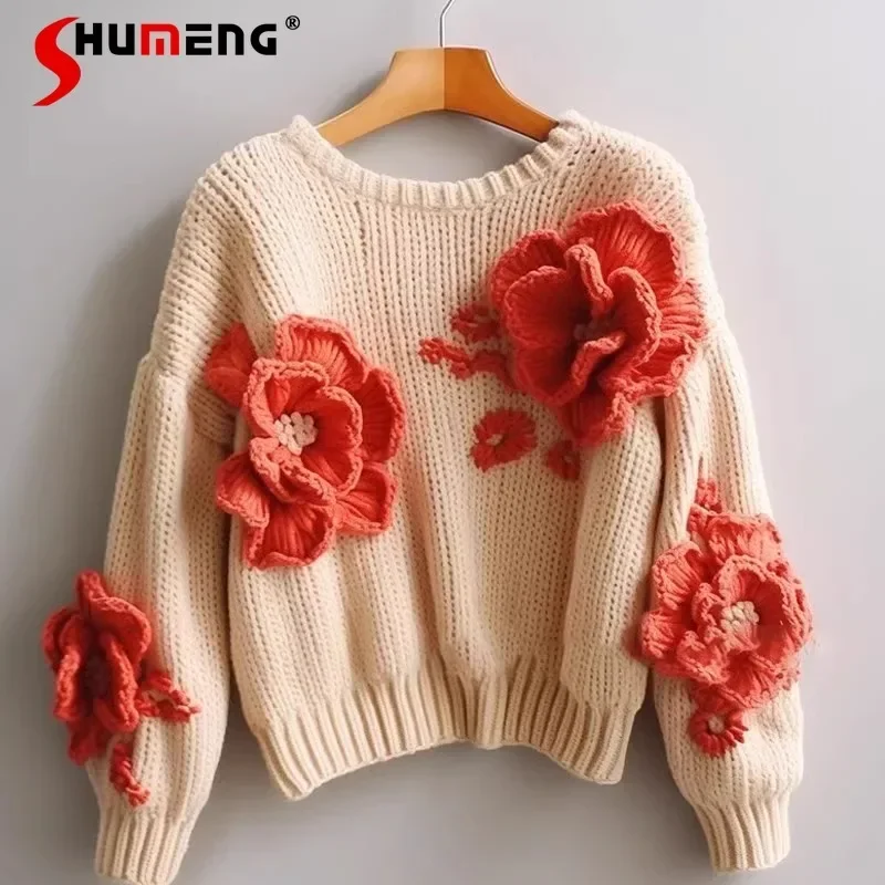 

Early Autumn High-Grade New Chinese Style Flower Top Oversized Sweater Popular Beautiful Loose Slimming Knitwear Women's Clothes