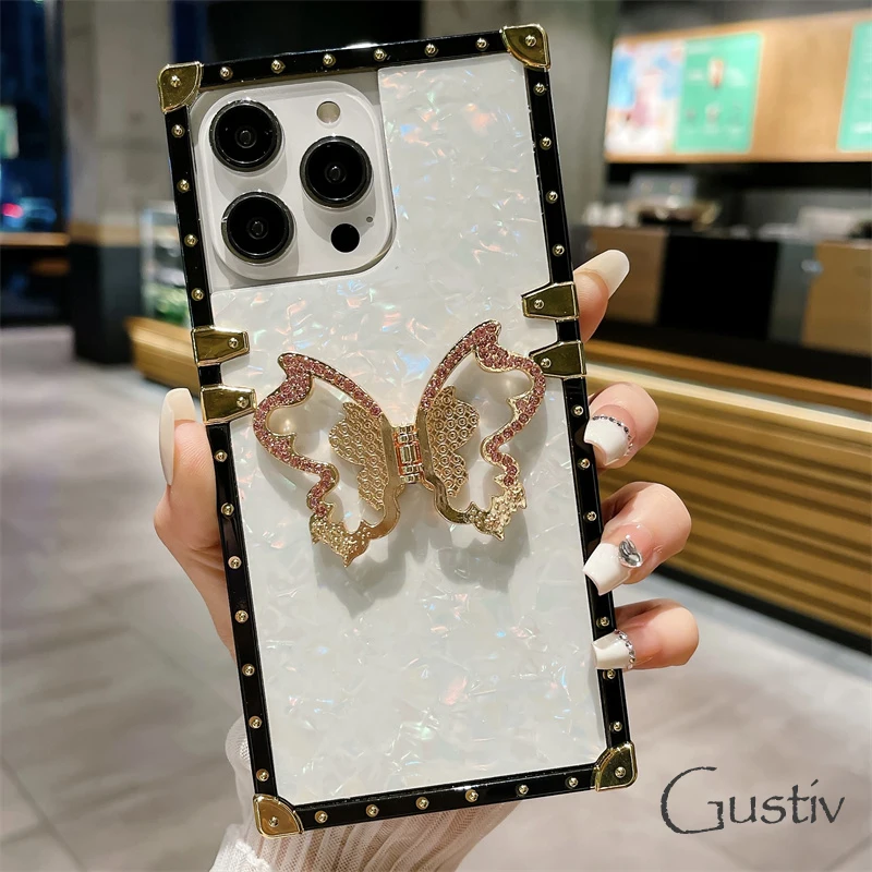 

Luxury Butterfly Holder Phone Case For iPhone 15 14 Pro Max 13 11 12 Pro XR X XS Max 6S 7 8 Plus Square TPU Soft Cover With Ring