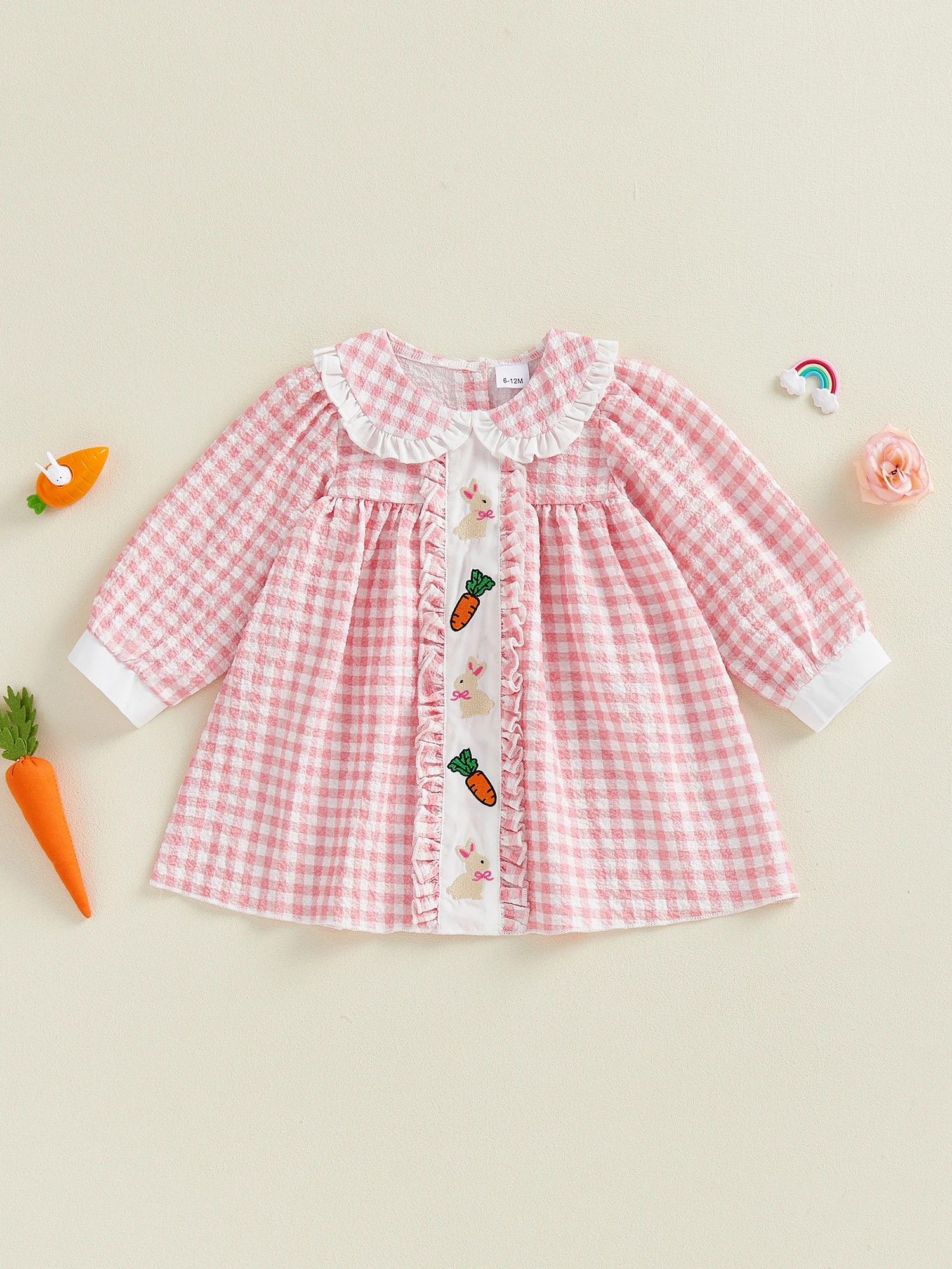 Toddler Girls Easter Bunny Dress with Short Sleeves and Doll Collar Adorable Carrot Embroidery Perfect Spring Outfit for Baby