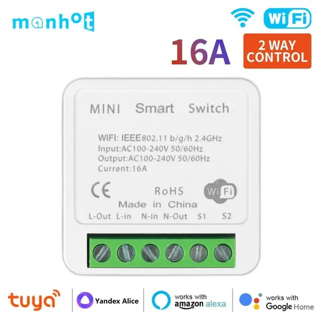 Tuya 16A WiFi Mini Smart Switch Module Support 2 Way Control Smart Home DIY Switches Smart Life APP for Alexa Google Home Alice 1