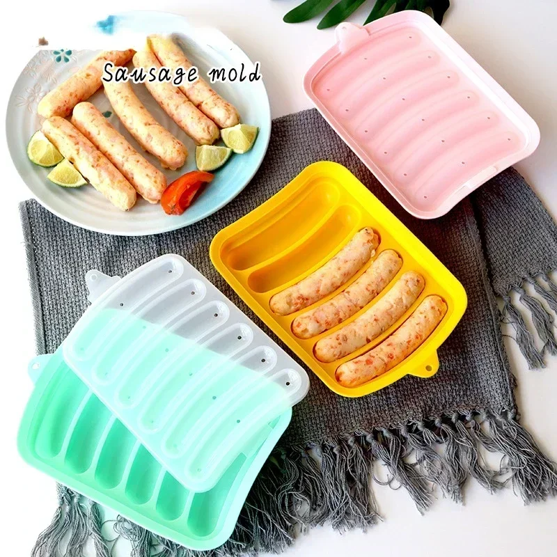 Sausage Mold Silicone Food Grade Sausage Mould 6 Cavity Homemade Ham Hot Dog Making Tray Household Cake Baking Mold with Lid Kitchen Tools