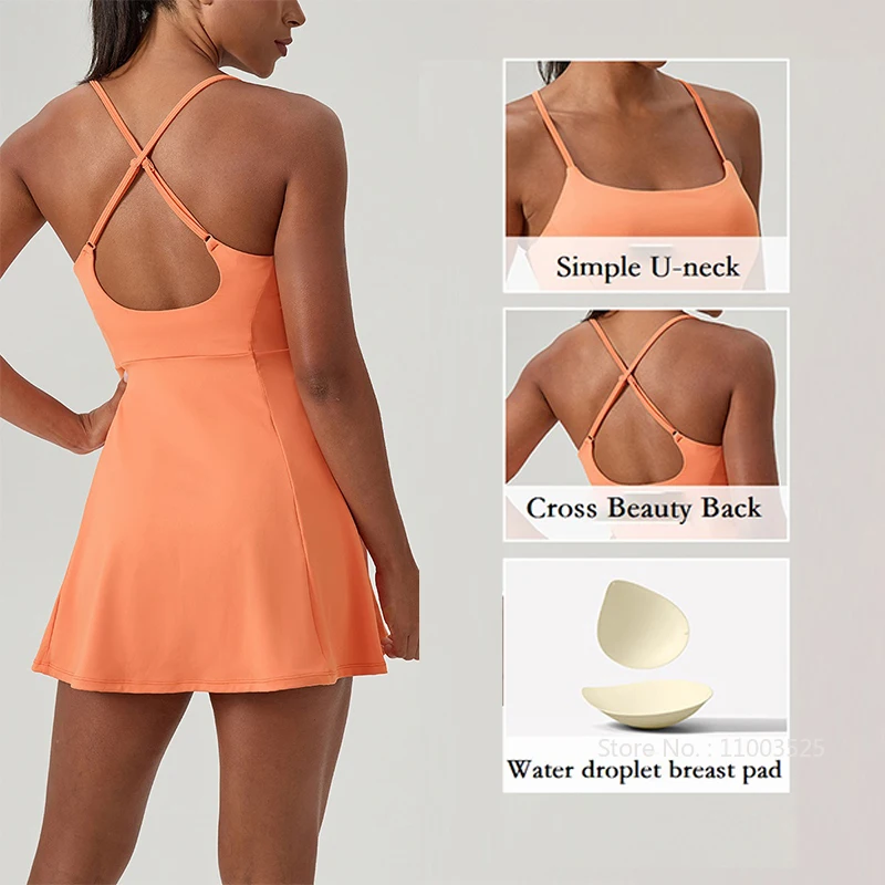 Women's Adjustable Straps Sports Tennis Dress Sexy Hollow Back Running Dresses Sleeveless Fitness Tennis Skirts GYM