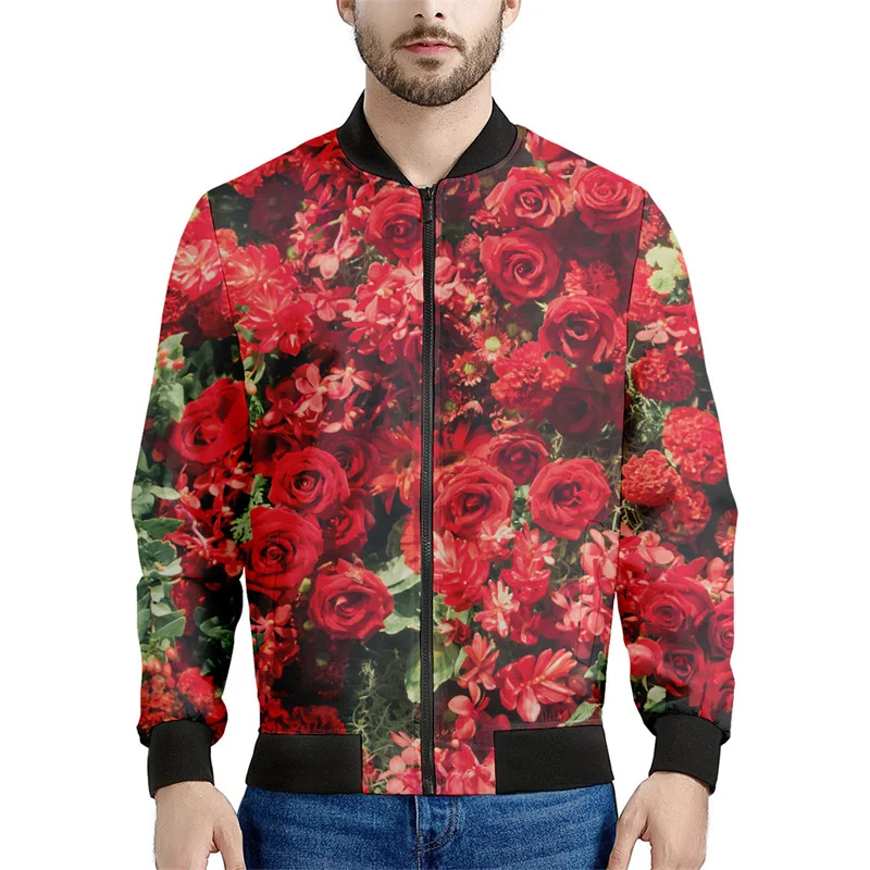 thumbnail image 1 of Chaqueta con cremallera y estampado de flores de rosas para hombre, abrigo con estampado floral en 3D de plantas, chaquetas informales de gran tamaño, ropa de calle, mangas largas, 1 of 5