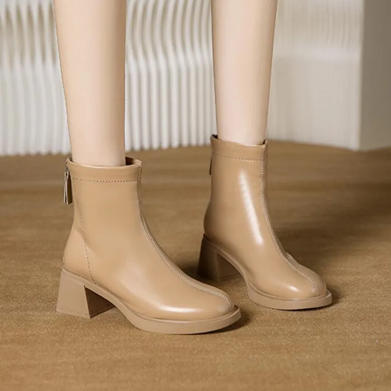 2023 New Autumn Winter Leather Short Boots Women Square High Heel Women Shoes Zipper All Match Ankle Boot Female Platform Shoes