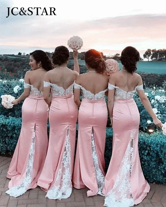 Light Lavender Bridesmaid Dresses Mermaid Off The Shoulder Lace Silk Satin Lace Stickers Short Sleeves Wedding Party Dress Robe