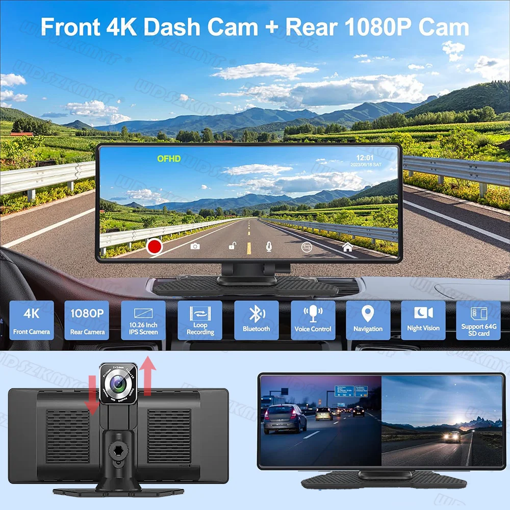 10.26" Touch Screen 4K Dash Cam Dual Len Front&Rear Camera Wireless Carplay Android Auto Car DVR WIFI Dashcam Aux Car Stereo