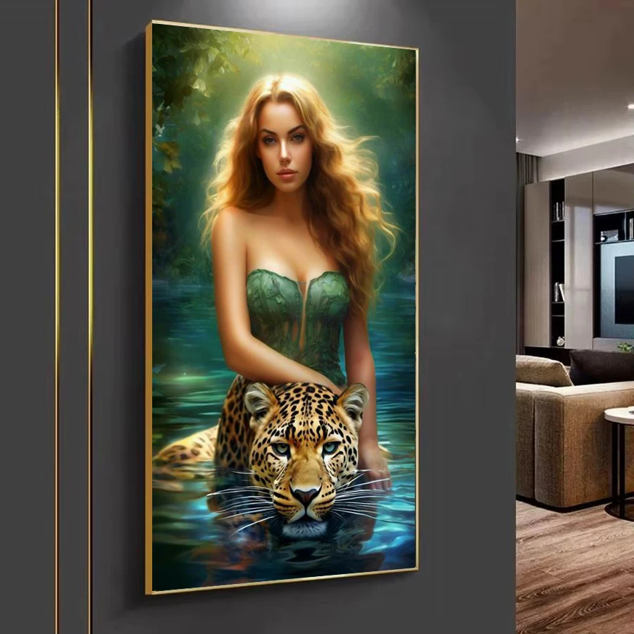 Diamond Painting Large Size Woman And Leopards Diy Full Mosaic Embroidery Wild Animals Picture Jewellery Cross Stitch Kits