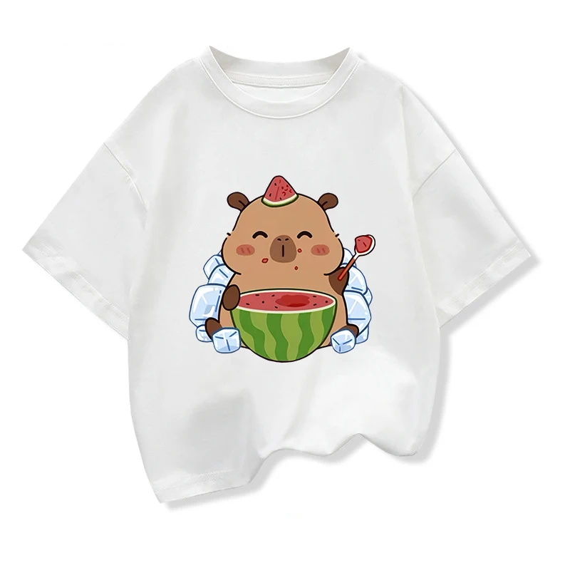 Summer New Capybara Watermelon Printed Cartoon Fashion Short Sleeve T-shirt Kids Clothing Tees Girls Loose Casual Tops T Shirts