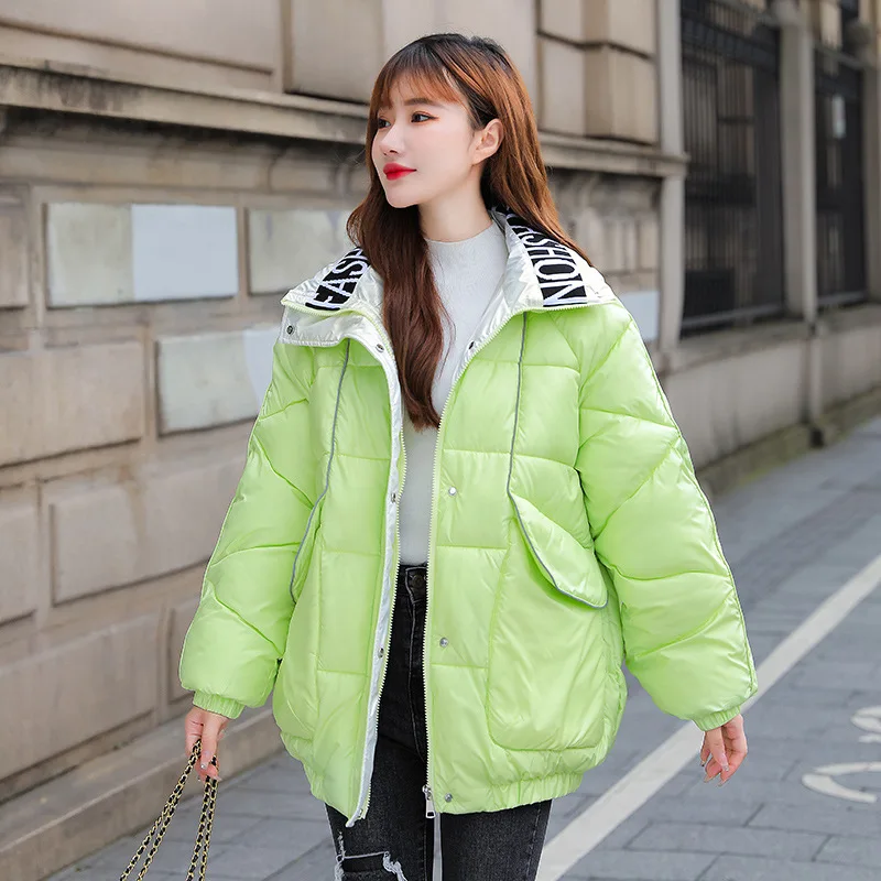 

2023 Female Autumn Winter Casual Short Glossy Stand Collar Coat Women Loose Bubble Coats Thick Letters Embroidery Puffer Jackets