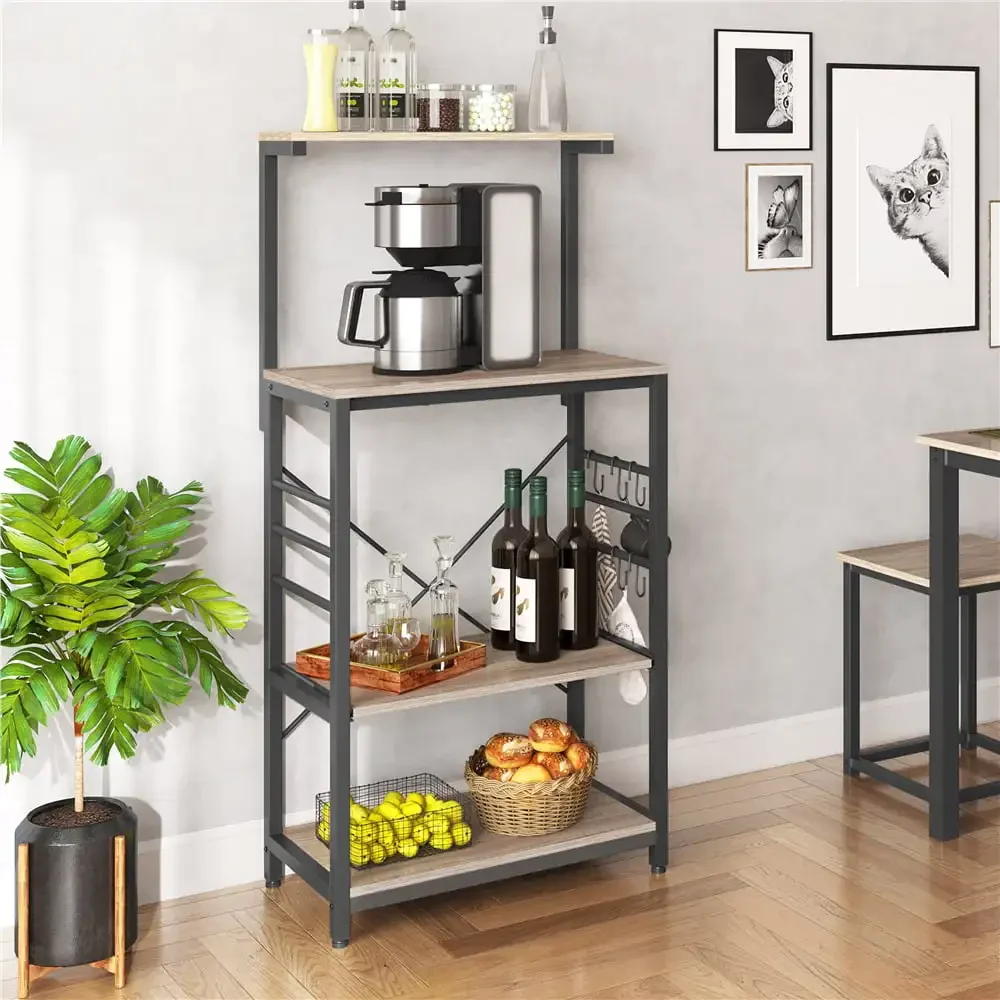 

Easyfashion 4-Tier Kitchen Cart Bakers Rack with Side Hooks, Gray Storage Cart Microwave Cart Utility Cart