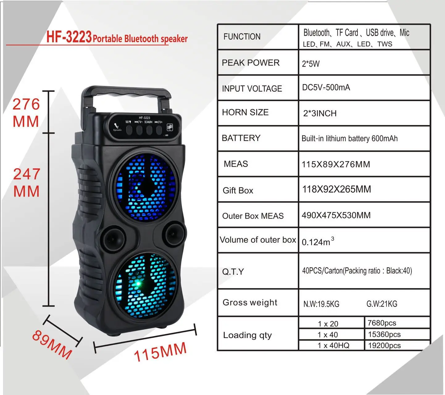 Description Picture 6 of itemOutdoor Portable Wireless Speaker Dual 3 Inches Music Stereo Subwoofer Bass USB Power Supply For Dancing Party Family Karaoke