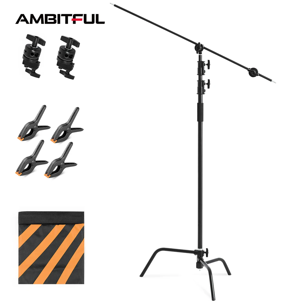 150-330cm Black Heavy Duty Multi-functional C-Stand Adjustable Light Stand Load 20KG for Photography Flash Strobe Flag Reflector