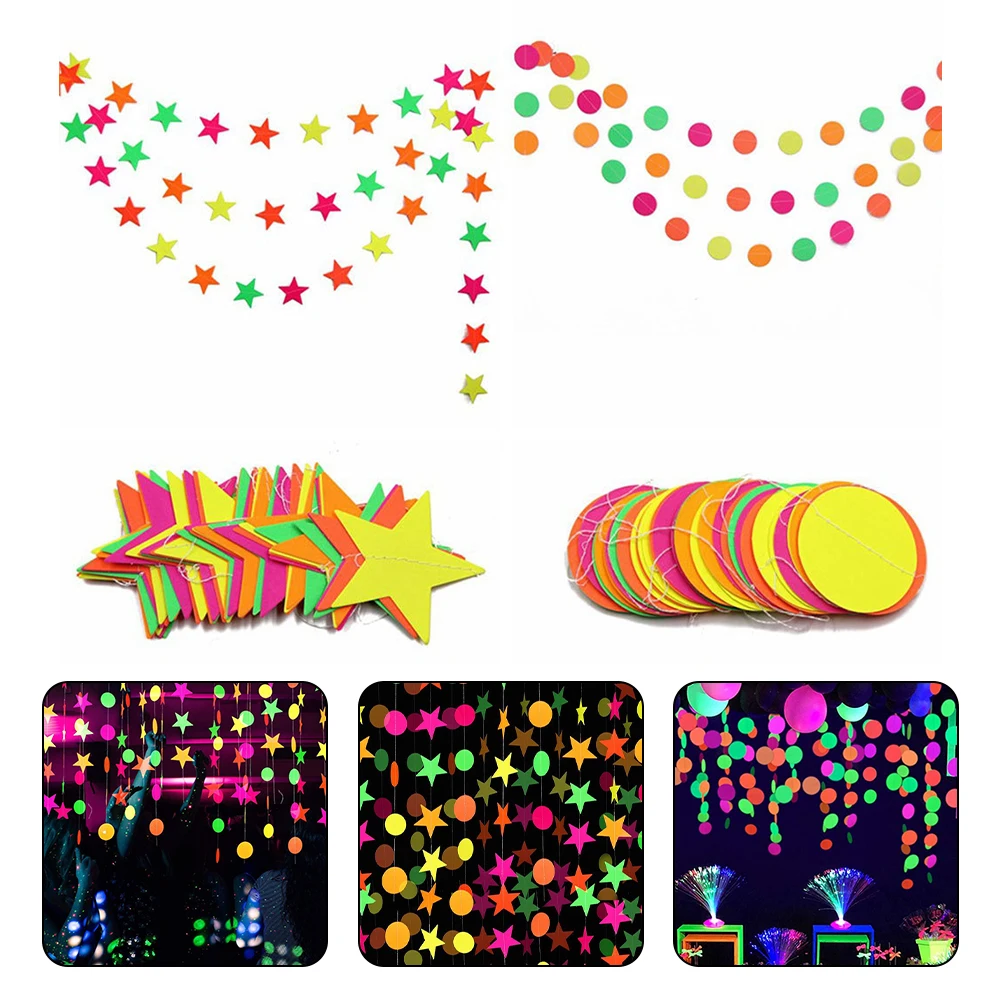 Neon Fluorescent Garland Round Stars Blacklight Glow Party Decor Happy Birthday Banner Baby Shower Supplies Wedding Decoration For paper garland birthday banner paper birthday banner party decorations