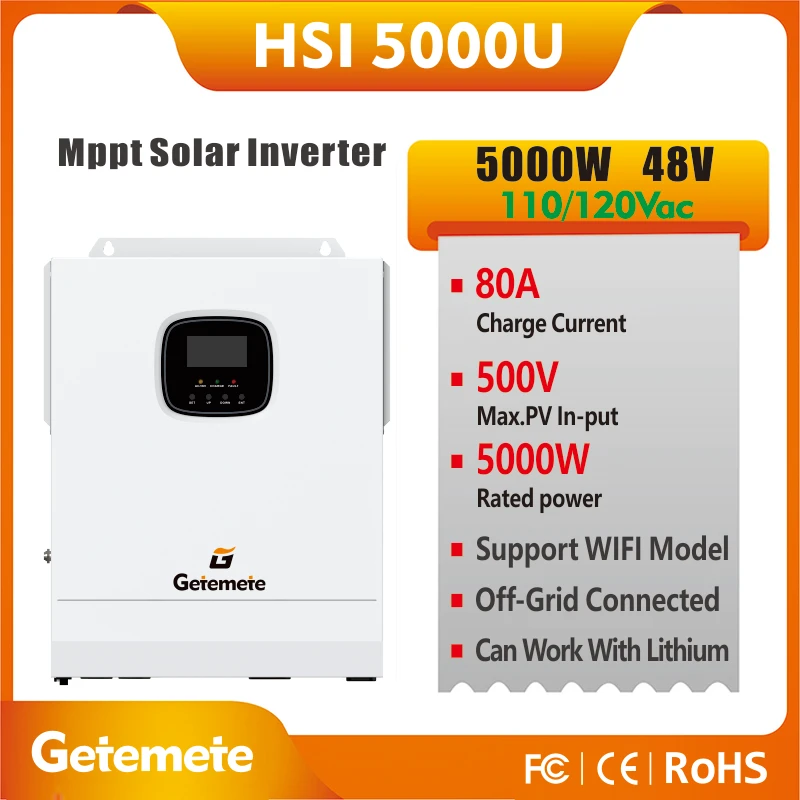 GTMT 5KW 110/120VAC - 48V MPPT 80A 태양광 하이브리드 인버터 PV 최대 입력 500V 순수 정현파 오프그리드 인버터
