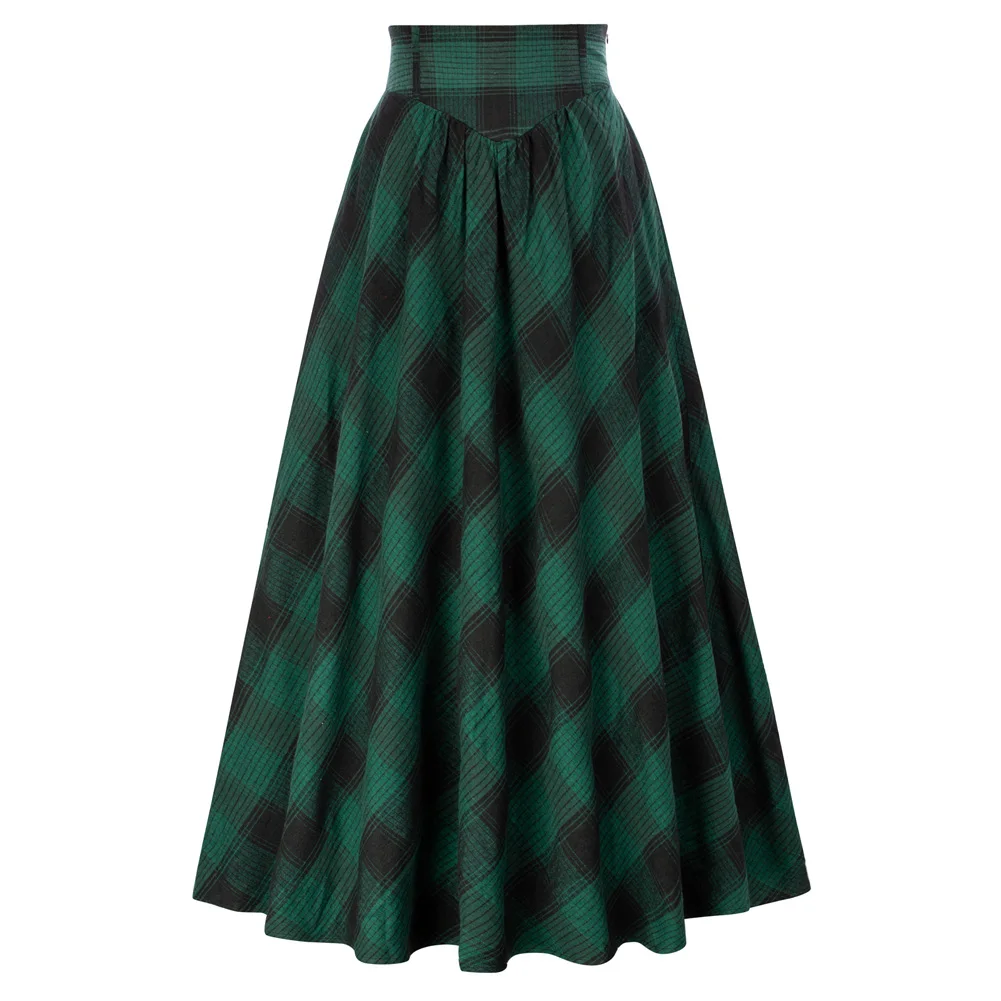 SD Women Victorian Skirt Plaid Maxi Tartan High Waist A-Line Skirts Renaissance Maxi Skirt Elastic Swing Skirts A30