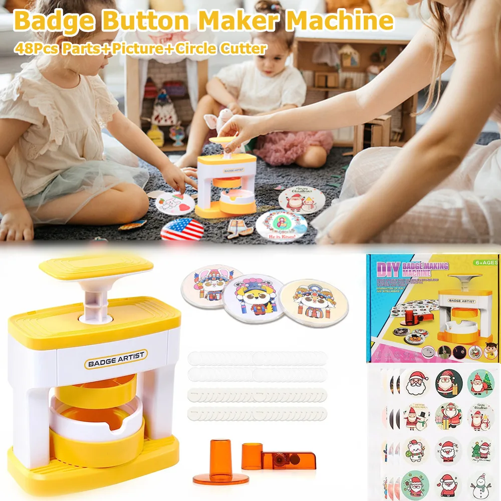 Kid Small Scale Artisanal Badges Maker Machine Pin Badges Making Press Machine with 48Pcs Button Parts+Stickers+1 Circle Cutter badge maker button maker machine