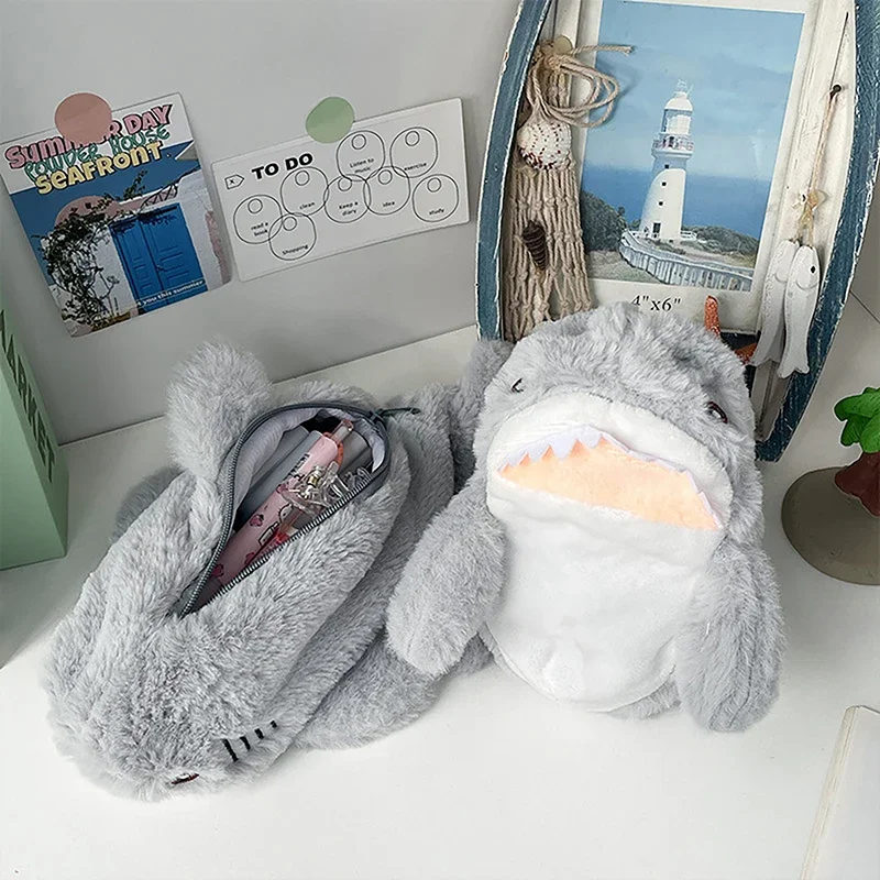 Cute Plush Shark Pencil Case Student Stationery School Supplies Kawaii Doll Back To School Storage Bag Pen Bag Stationery 1PC pencil cases