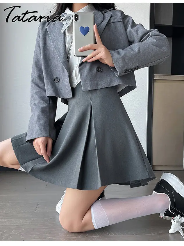 

High Quality Pleated Mini Skirts for Women Gray Spring Preppy Style A Line Skirts Sexy Girls High Waist Umbrella School Wears