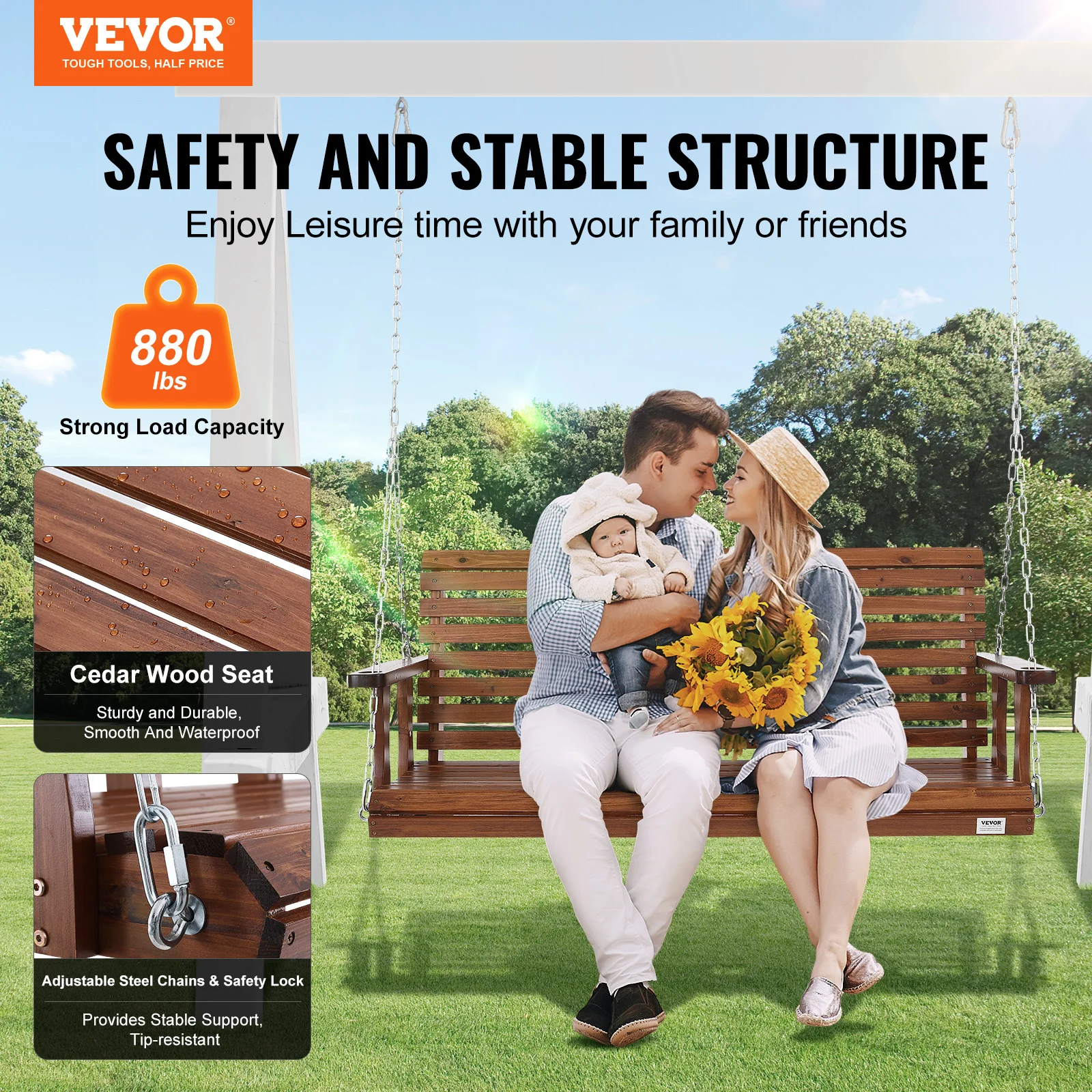 VEVOR Outdoor Porch Swing 5ft  Wooden Patio Bench Swing Garden Heavy Duty Swing Chair with Hanging Chains Upgraded 880lbs Load 2