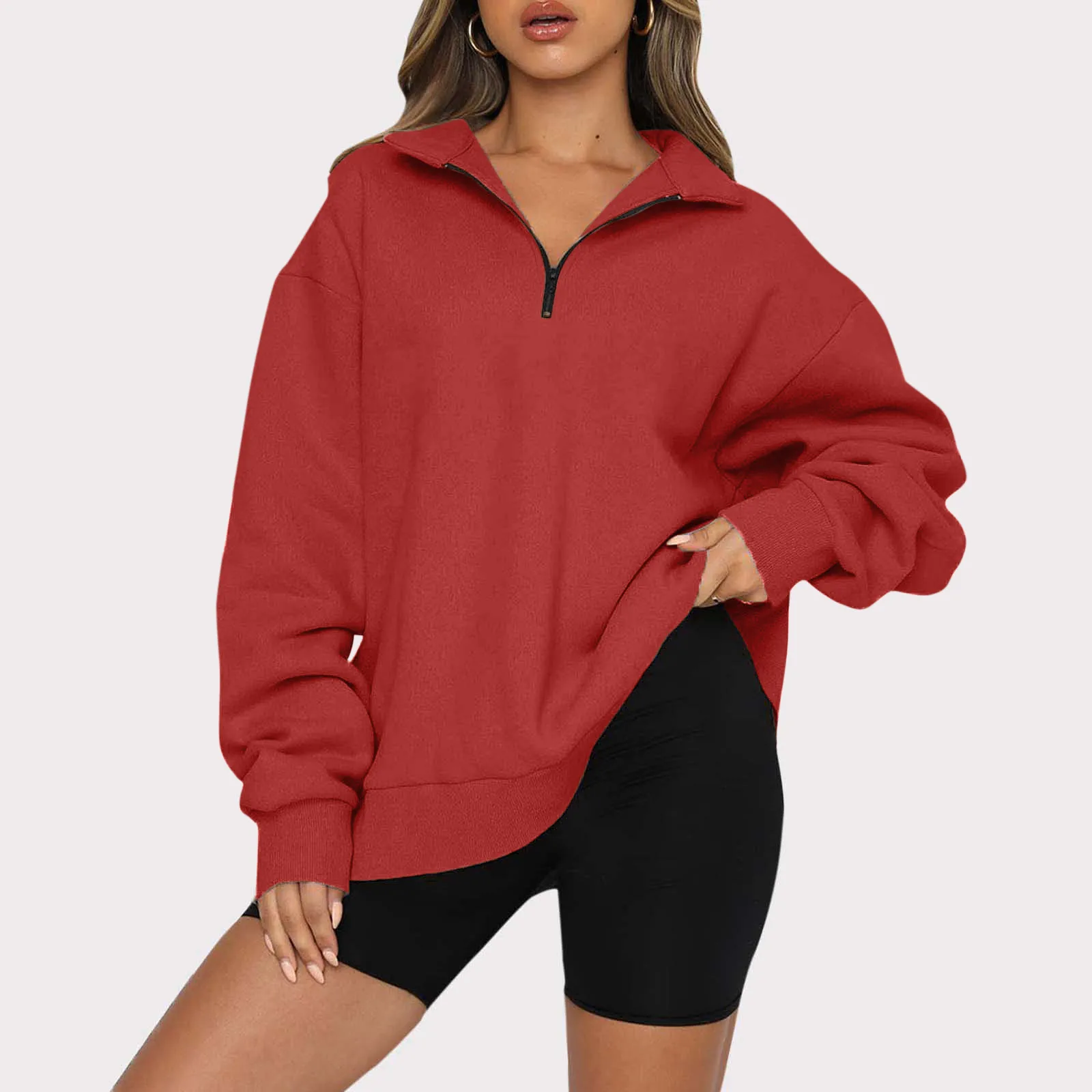 

Autumn Solid Color Casual Long Sleeve Sweatshirt Women Half Zip Drop Shoulder Quarter 1/4 Zipper Pullover Oversized Tunic Top