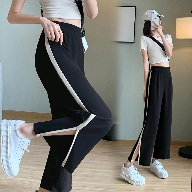 Large Size Women's Open Wide Leg Pants Female Summer Thin Paragraph Nine Points High Waist Loose Thin Casual Straight Pants live shot jeans women s shorts baby blue summer thin new panties loose straight hole five points