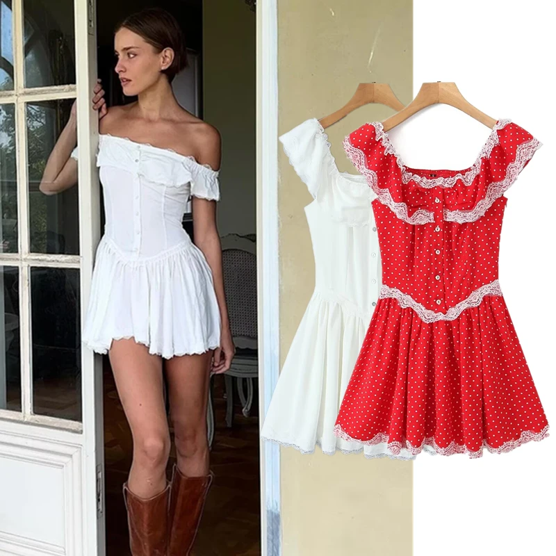 

Withered French Retro Slash Dress Women Neck Sexy Slim Fit Mini Fashion Blogger Lace Elegant Summer White Dress