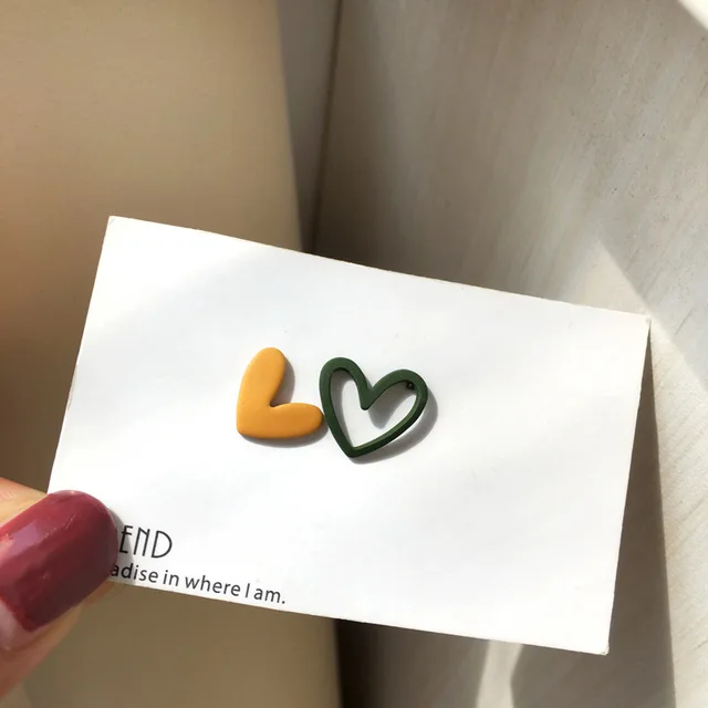 Trend Asymmetric Hollow Heart Earrings for Women 2021 Beautiful Girl Cute Party Jewelry Korean Yellow Blue Stdu Earrings Yellow Green