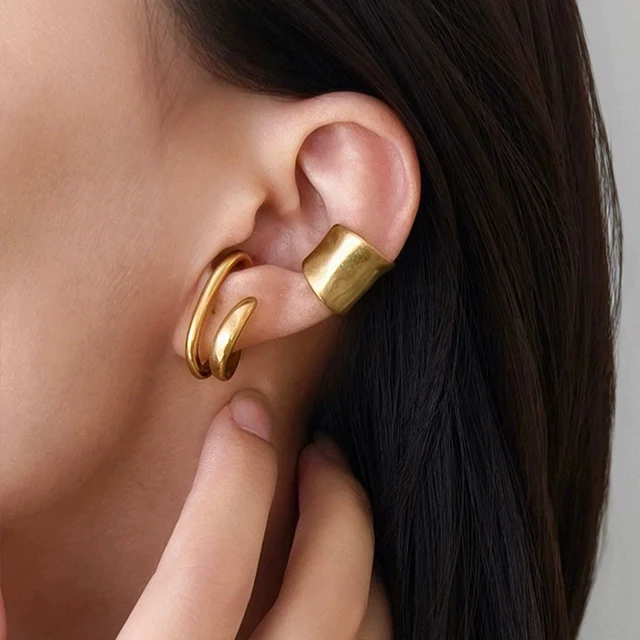 Boucles d'oreilles tendance rétro pour femme, sans perçage, en forme de C large, style manchette, cadeau pour fille, bijoux simples pour le quotidien 1
