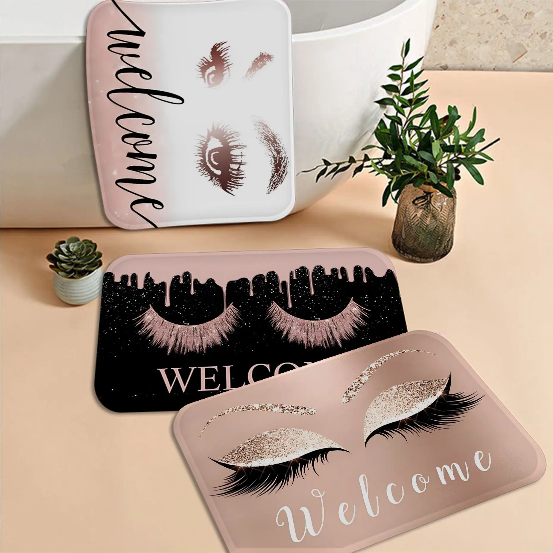 Rose Golden Glitter EyeLash Lashes Bath Mat Anti slip Absorb Water Long