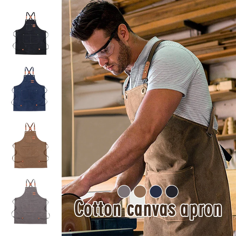 Thickened Cotton Canvas Apron Bib Men's Women's Home Cooking Kitchen Gardening Work Apron Coffee Barber Tea Shop Pocket