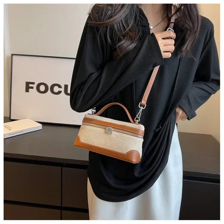 retro canvas handbag for women,women’s summer crossbody bag,contrast color casual handbag,small square canvas shoulder bag,casual women’s sling bag,retro fashion canvas purse,lightweight canvas handbag