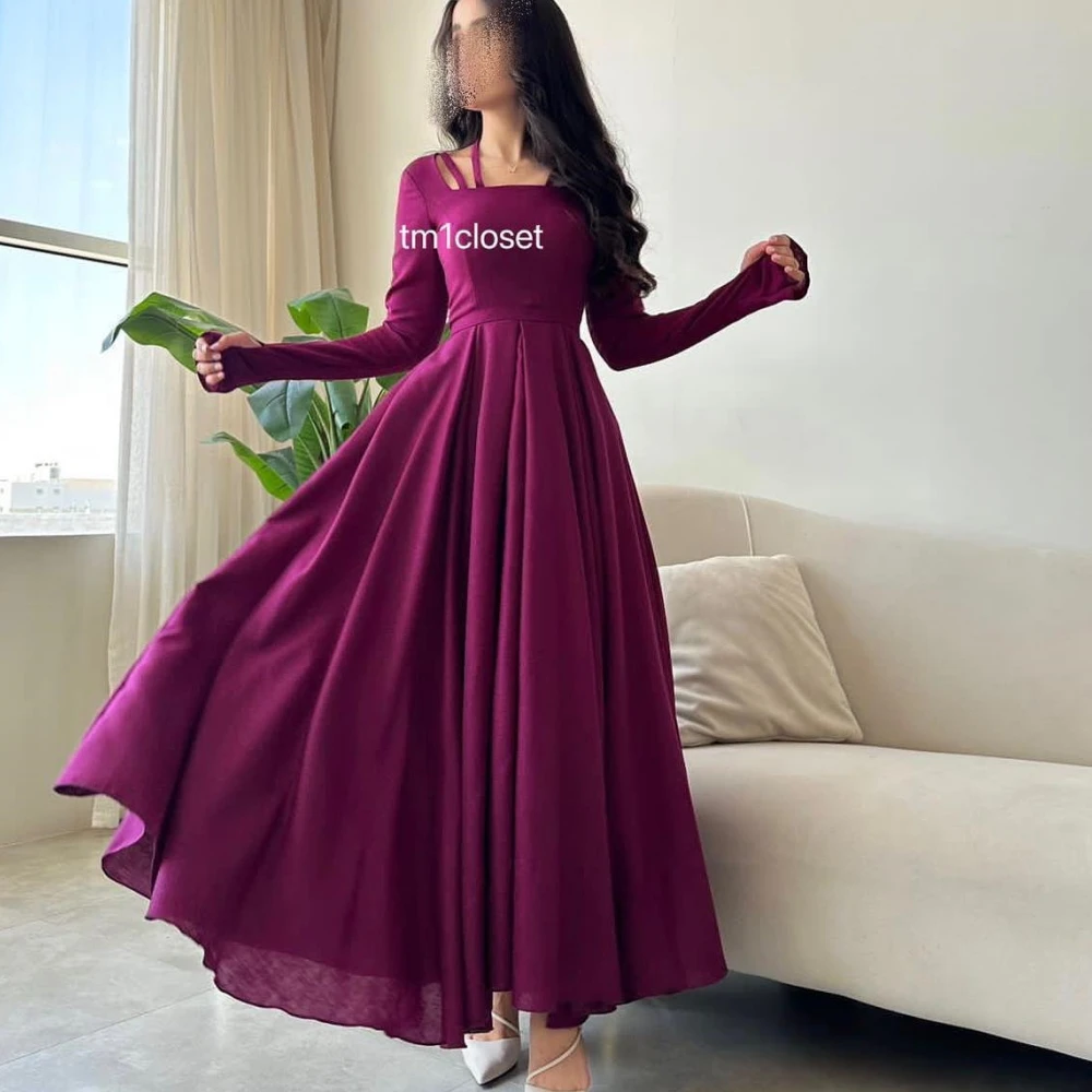 

Qcenkern, вечернее атласное платье до щиколотки с квадратным вырезом и длинными рукавами, фиолетовое, простое женское платье, вечернее платье 2023