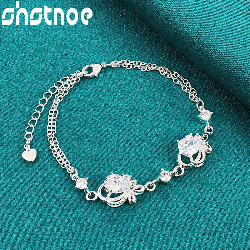 

925 Sterling Silver Shiny White AAA Zircon Heart Bracelet For Women Party Engagement Wedding Birthday Gift Fashion Charm Jewelry
