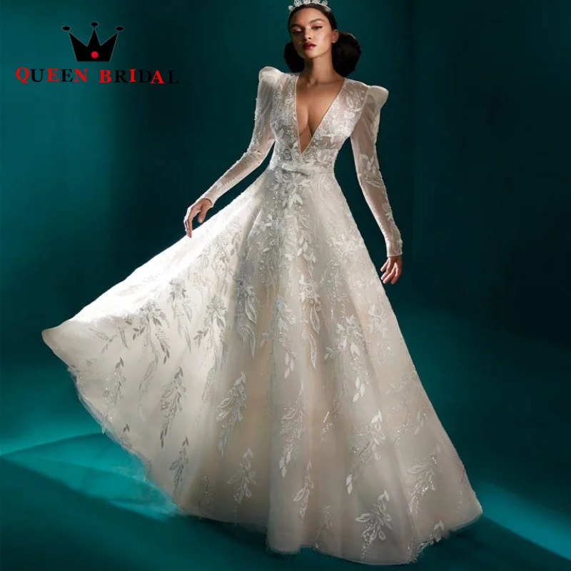 

Exquisite Long Sleeve Deep V Wedding Dresses 2023 Appliques Lace Sequined Floor Length Bridal Gown Vestido De Noiva Custom D14X