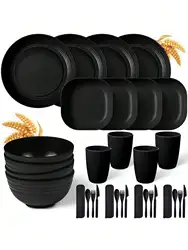 32pcs  Black plastic cutlery set plates spitting dishes bowl cups cutlery 4 sets for outdoor camping party