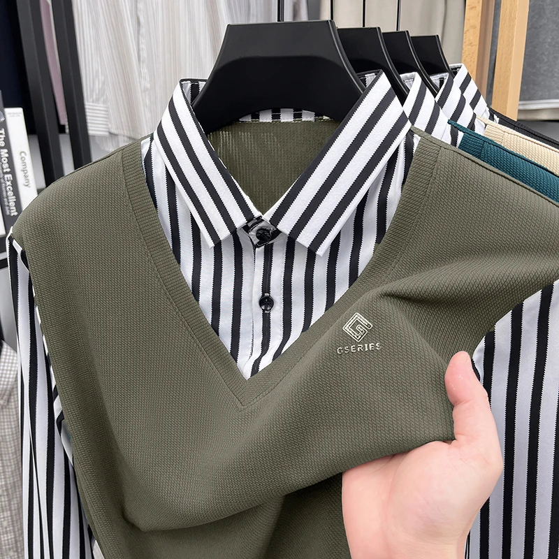 Herren Business Casual Fake Two-Piece Langarm-Oberteil Gestreiftes Hemd mit Pulloverweste Kombination – Detail 3