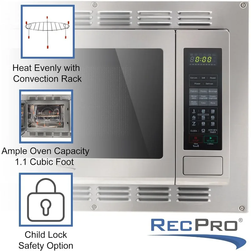RecPro RV Convection Microwave Stainless Steel 1.1cu. ft. | 120V | Appliances | Direct Replacement for High Pointe and Greystone 4