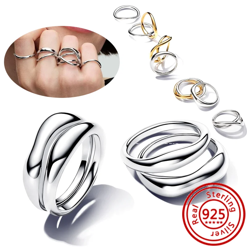 Authentic 925 Sterling Silver Moon Sun Day Night Organically Shaped Stacking Heart Pearl Sparkling CZ Pantaro Rings Fine Jewelry 4