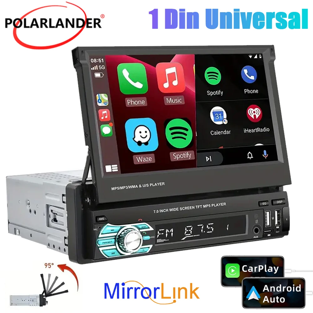 

Car MP5 Player Mirror Link Wireless Carplay Android Auto 7" 1 Din Touchscreen 4 Led Camera Manually Retrackable AM FM Bluetooth