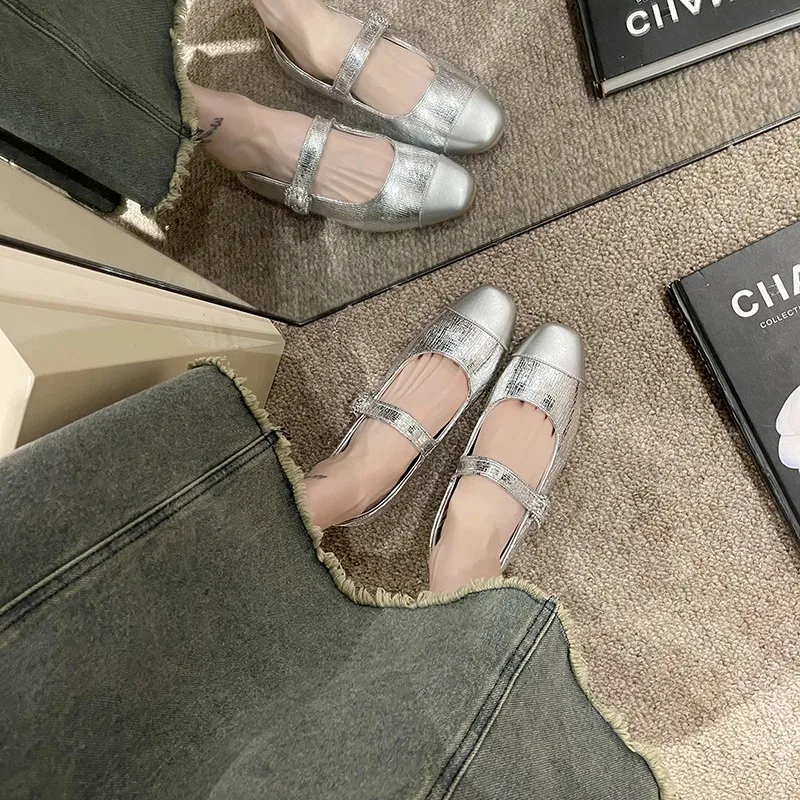 Square Toe Thick Heels Silver Single Shoes Women's Shallow Mouth  Summer New Small Fragrant Style One Button Women's Shoes