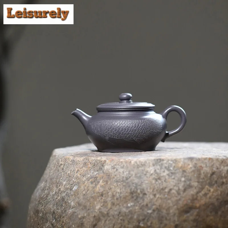 200ml Creative Yixing Purple Clay Teapots Hand-carved Fish Pot Raw Ore Azure Mud Tea Brewing Kettle With Infuser Zisha Tea Set