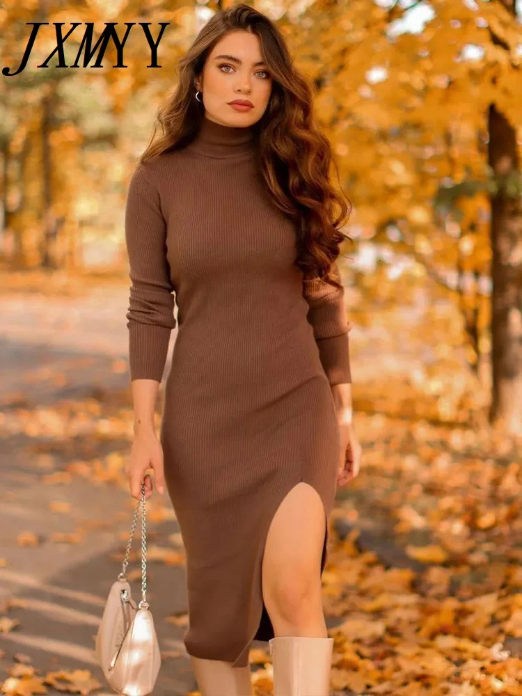

JXMYY Dress Women Long Sleeves High-Neck Elastic Midi Dress Fashion Elegant Chic Lady Knit Sweater Dresses Women robe femme