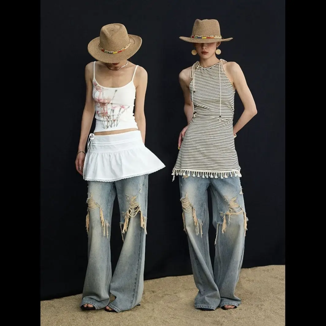 Jean tendance femme printemps-automne, style streetwear, avec empiècements, coupe ample décontractée, jambe large et droite