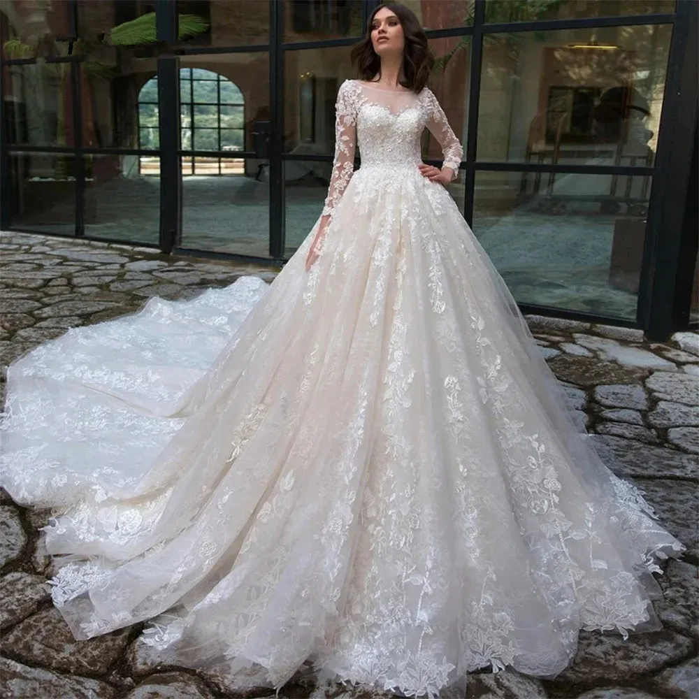 

Exquisite Tulle Wedding Dress O-Neck Appliques Long Sleeves Lace Up Bridal Ball Gown Illusion Button Vestido De Novia