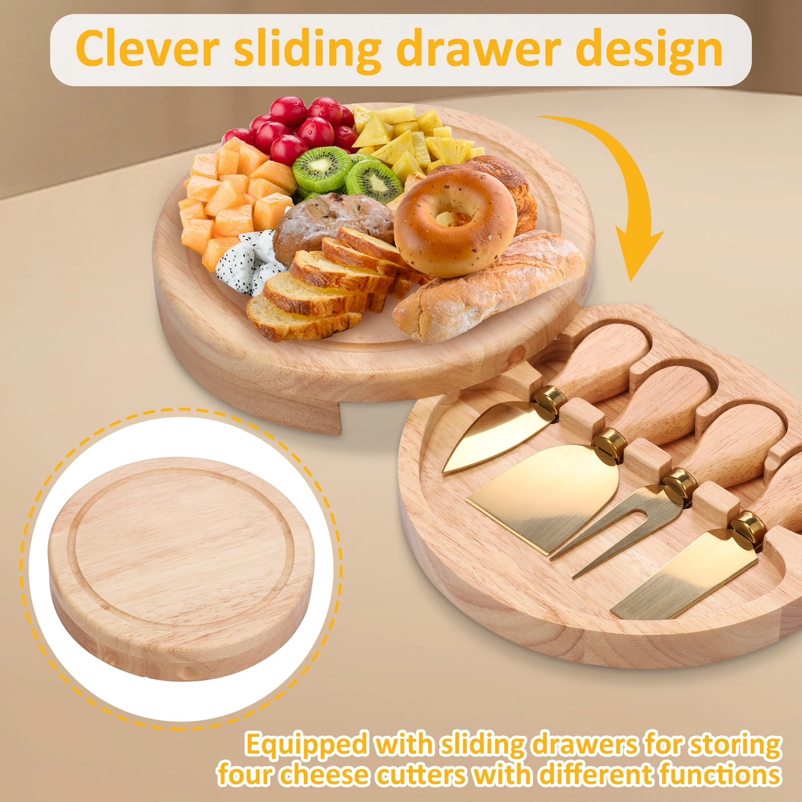 Wood Cheese Board Charcuterie Board with Cheese Cutter and Fork Round Serving Tray Plate Stainless Steel Knives