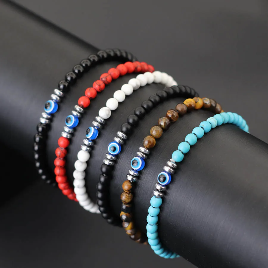 Minimalist 4mm Stone Bracelet For Men Natural Howlite Obsidian Beads Strand Braslet Evil Eyes Braclet Hematite Healing Brazalete - Image 2